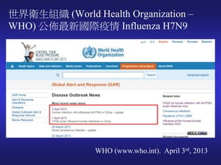 世界衛生組織 (World Health Organization –
WHO) 公佈最新國際疫情 Influenza H7N9
WHO (www.who.int). April 3rd, 2013
 