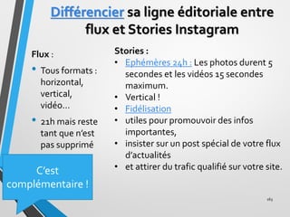 Différencier sa ligne éditoriale entre
flux et Stories Instagram
Flux :
• Tous formats :
horizontal,
vertical,
vidéo…
• 21...