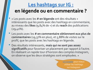 Les hashtags sur IG :
en légende ou en commentaire ?
• « Les posts avec les # en légende ont des résultats +
intéressants ...