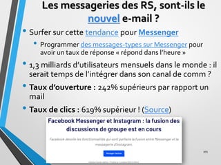 Les messageries des RS, sont-ils le
nouvel e-mail ?
• Surfer sur cette tendance pour Messenger
• Programmer des messages-t...