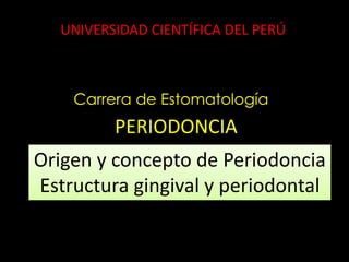 UNIVERSIDAD CIENTÍFICA DEL PERÚ
PERIODONCIA
Carrera de Estomatología
Origen y concepto de Periodoncia
Estructura gingival y periodontal
 