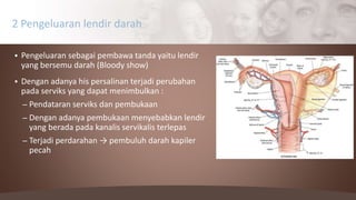  Pengeluaran sebagai pembawa tanda yaitu lendir
yang bersemu darah (Bloody show)
 Dengan adanya his persalinan terjadi perubahan
pada serviks yang dapat menimbulkan :
– Pendataran serviks dan pembukaan
– Dengan adanya pembukaan menyebabkan lendir
yang berada pada kanalis servikalis terlepas
– Terjadi perdarahan → pembuluh darah kapiler
pecah
2 Pengeluaran lendir darah
 