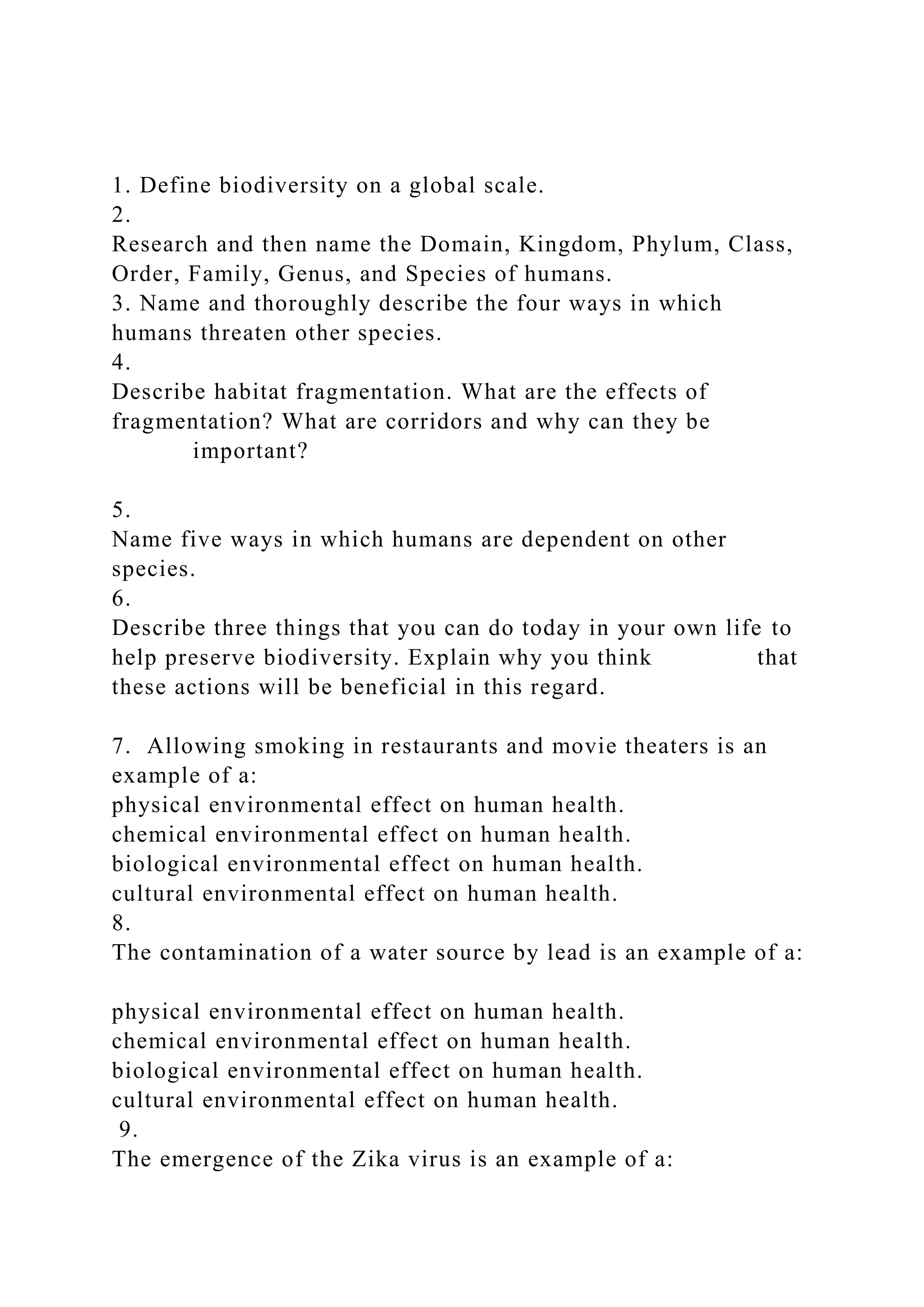 1 define biodiversity on a global scale 2 research and then docx