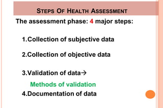 STEPS OF HEALTH ASSESSMENT
The assessment phase: 4 major steps:
1.Collection of subjective data
2.Collection of objective data
3.Validation of data
Methods of validation
4.Documentation of data
 