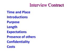Interview Contract
Time and Place
Introductions
Purpose
Length
Expectations
Presence of others
Confidentiality
Costs
 