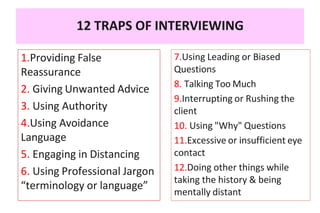 12 TRAPS OF INTERVIEWING
1.Providing False
Reassurance
2. Giving Unwanted Advice
3. Using Authority
4.Using Avoidance
Language
5. Engaging in Distancing
6. Using Professional Jargon
“terminology or language”
7.Using Leading or Biased
Questions
8. Talking Too Much
9.Interrupting or Rushing the
client
10. Using "Why" Questions
11.Excessive or insufficient eye
contact
12.Doing other things while
taking the history & being
mentally distant
 
