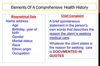 Elements Of A Comprehensive Health History
Biographical Data
Name address
Age
Birthday, year of
birth
Gender
Marital status
Race
Ethnic origin
Occupation
Chief Complaint
A brief spontaneous
statement in the person's
own words that describes the
reason the client is seeking
medical care.
Whatever the client states is
the reason for seeking care
is DOCUMENTED IN
QUOTES
 