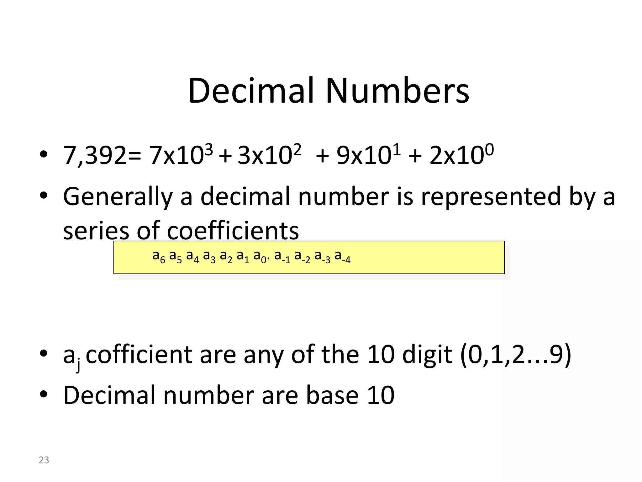 23
• 7,392= 7x103 + 3x102 + 9x101 + 2x100
• Generally a decimal number is represented by a
series of coefficients
• aj cofficient are any of the 10 digit (0,1,2…9)
• Decimal number are base 10
Decimal Numbers
a6 a5 a4 a3 a2 a1 a0. a-1 a-2 a-3 a-4
 