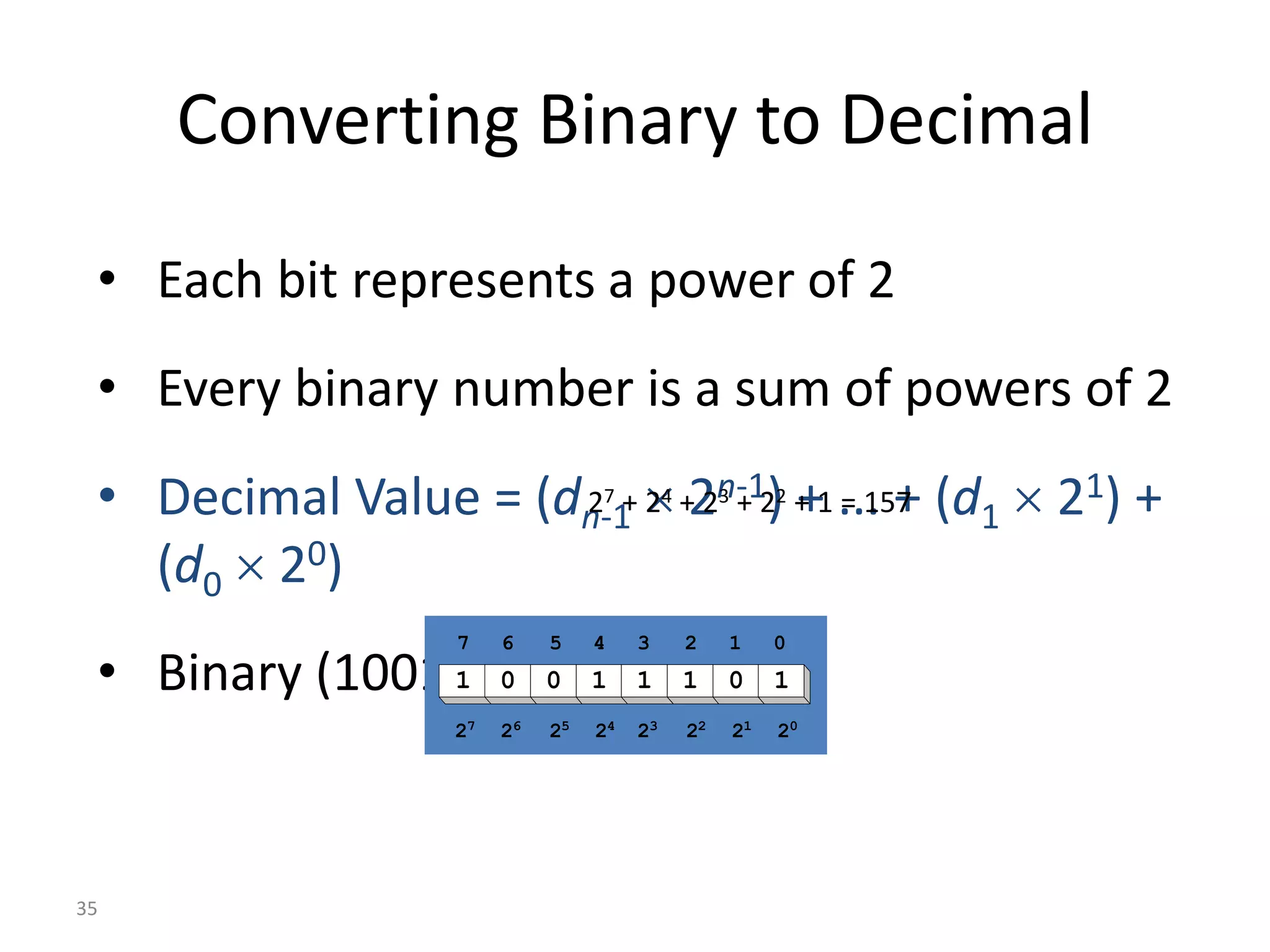 35
Converting Binary to Decimal
• Each bit represents a power of 2
• Every binary number is a sum of powers of 2
• Decimal Value = (dn-1  2n-1) + ... + (d1  21) +
(d0  20)
• Binary (10011101)2 =
1 0 0 1 1 1 0 1
27 26 25 24 23 22 21 20
0
1
2
3
4
5
6
7
27 + 24 + 23 + 22 + 1 = 157
 