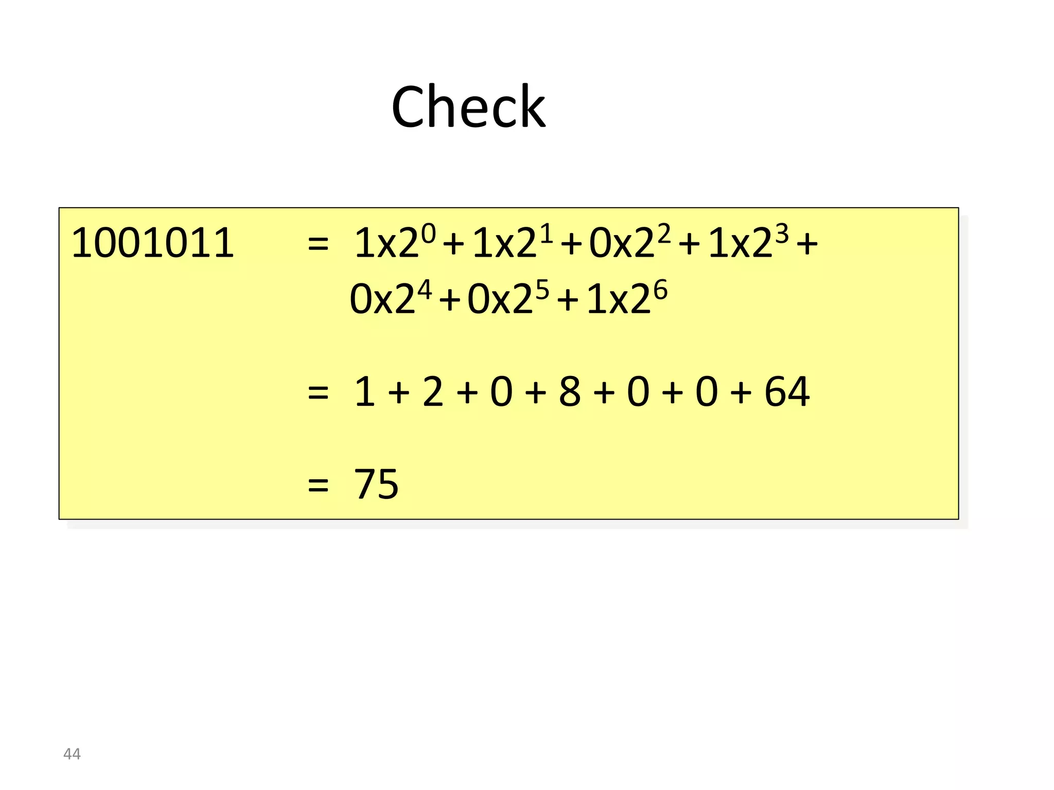 44
Check
1001011 = 1x20 +1x21 +0x22 +1x23 +
0x24 +0x25 +1x26
= 1 + 2 + 0 + 8 + 0 + 0 + 64
= 75
 