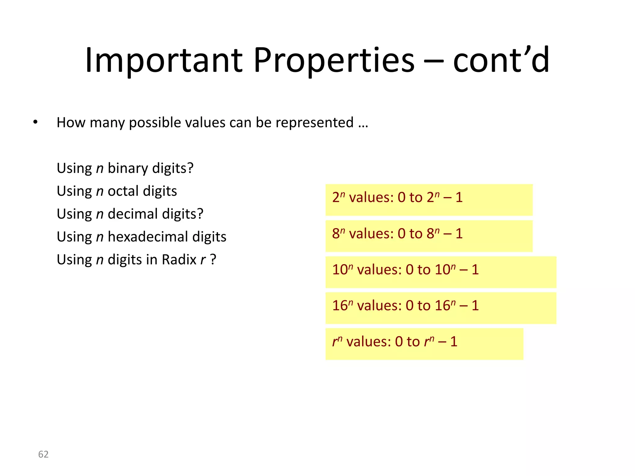 62
Important Properties – cont’d
• How many possible values can be represented …
Using n binary digits?
Using n octal digits
Using n decimal digits?
Using n hexadecimal digits
Using n digits in Radix r ?
2n values: 0 to 2n – 1
10n values: 0 to 10n – 1
rn values: 0 to rn – 1
8n values: 0 to 8n – 1
16n values: 0 to 16n – 1
 