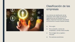 Clasificación de las
empresas
Los criterios de clasificación de las
empresas varían según los diversos
organismos que los establecen en
México: Nacional Financiera, Secretaría
de Economía e incluso el sector privado.
a) Por su giro
b) Por su tamaño, número de
empleados y ventas netas anuales
c) Por el origen de su capital o
recursos
d) Por sectores económicos
 