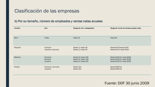 Clasificación de las empresas
b) Por su tamaño, número de empleados y ventas netas anuales
Tamaño Giro Rango de núm. trabajadores Rango de monto de ventas anuales (mdp)
Micro Todas Hasta 10 Hasta $4
Pequeña Comercio
Industria y servicios
Desde 11 hasta 30
Desde 11 hasta 50
Desde $4.01hasta $100
Desde $4.01 hasta $100
Mediana Comercio
Servicios
Industria
Desde 31 hasta 100
Desde 51 hasta 100
Desde 51 hasta 250
Desde $100.01 hasta $250
Desde $100.01 hasta $250
Desde $100.01 hasta $250
Grande Comercio y servicios
Industria
Desde 101
Desde 251
Desde $250.01
Desde $250.01
Fuente: DOF 30 junio 2009
 