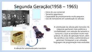 Segunda Geração(1958 – 1965)
A válvula foi substituída pelo transístor
- Início do uso comercial
- Tamanho gigantesco
- Capacidade de processamento muito pequena
- Uso de transístores em substituição às válvulas
A substituição da válvula pelo transistor. As
máquinas ganharam mais potência e
confiabilidade, com redução de tamanho e
consumo, o que as tornavam muito mais
práticas. As áreas de aplicação foram, além
da científica e da militar, a administrativa e
gerencial. Começaram a ser utilizadas
linguagens de programação mais evoluídas.
 