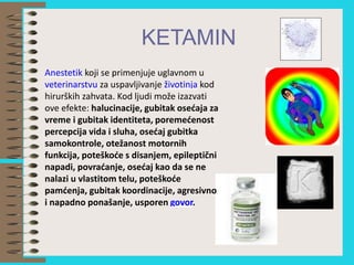 KETAMIN
Anestetik koji se primenjuje uglavnom u
veterinarstvu za uspavljivanje životinja kod
hirurških zahvata. Kod ljudi može izazvati
ove efekte: halucinacije, gubitak osećaja za
vreme i gubitak identiteta, poremećenost
percepcija vida i sluha, osećaj gubitka
samokontrole, otežanost motornih
funkcija, poteškoće s disanjem, epileptični
napadi, povraćanje, osećaj kao da se ne
nalazi u vlastitom telu, poteškoće
pamćenja, gubitak koordinacije, agresivno
i napadno ponašanje, usporen govor.
 
