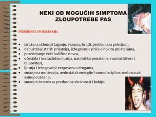 NEKI OD MOGUĆIH SIMPTOMA
ZLOUPOTREBE PAS
PROMENE U PONAŠANJU:
 izražena sklonost laganju, varanju, krađi, problemi sa policijom,
 napuštanje starih prijatelja, izbegavanje priče o novim prijateljima,
 posedovanje veće količine novca,
 učestala i bezrazložna ljutnja, nasilničko ponašanje, razdražljivost i
tajnovitost,
 ljutnja i izbegavanje razgovora o drogama,
 smanjena motivacija, nedostatak energije i samodiscipline, nedostatak
samopouzdanja,
 smanjen interes za prethodne aktivnosti i hobije.
 