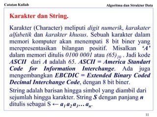 Catatan Kuliah Algoritma dan Struktur Data
11
Karakter dan String.
Karakter (Character) meliputi digit numerik, karakater
alfabetik dan karakter khusus. Sebuah karakter dalam
memori komputer akan menempati 8 bit biner yang
merepresentasikan bilangan positif. Misalkan ‘A’
dalam memori ditulis 0100 0001 atau (65)10 . Jadi kode
ASCII dari A adalah 65. ASCII = America Standart
Code for Information Interchange. Ada juga
mengembangkan EBCDIC = Extended Binary Coded
Decimal Interchange Code, dengan 8 bit biner.
String adalah barisan hingga simbol yang diambil dari
sejumlah hingga karakter. String S dengan panjang n
ditulis sebagai S ← a1 a2 a3… an.
 