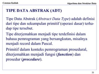 Catatan Kuliah Algoritma dan Struktur Data
26
TIPE DATA ABSTRAK (ADT)
Tipe Data Abstrak (Abstract Data Type) adalah definisi
dari tipe dan sekumpulan primitif (operasi dasar) terha-
dap tipe tersebut.
Tipe diterjemahkan menjadi tipe terdefinisi dalam
bahasa pemrograman yang bersangkutan, misalnya
menjadi record dalam Pascal.
Primitif dalam konteks pemrograman prosedural,
diterjemahkan menjadi fungsi (function) dan
prosedur (procedure).
 