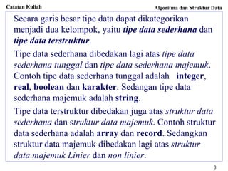Catatan Kuliah Algoritma dan Struktur Data
3
Secara garis besar tipe data dapat dikategorikan
menjadi dua kelompok, yaitu tipe data sederhana dan
tipe data terstruktur.
Tipe data sederhana dibedakan lagi atas tipe data
sederhana tunggal dan tipe data sederhana majemuk.
Contoh tipe data sederhana tunggal adalah integer,
real, boolean dan karakter. Sedangan tipe data
sederhana majemuk adalah string.
Tipe data terstruktur dibedakan juga atas struktur data
sederhana dan struktur data majemuk. Contoh struktur
data sederhana adalah array dan record. Sedangkan
struktur data majemuk dibedakan lagi atas struktur
data majemuk Linier dan non linier.
 
