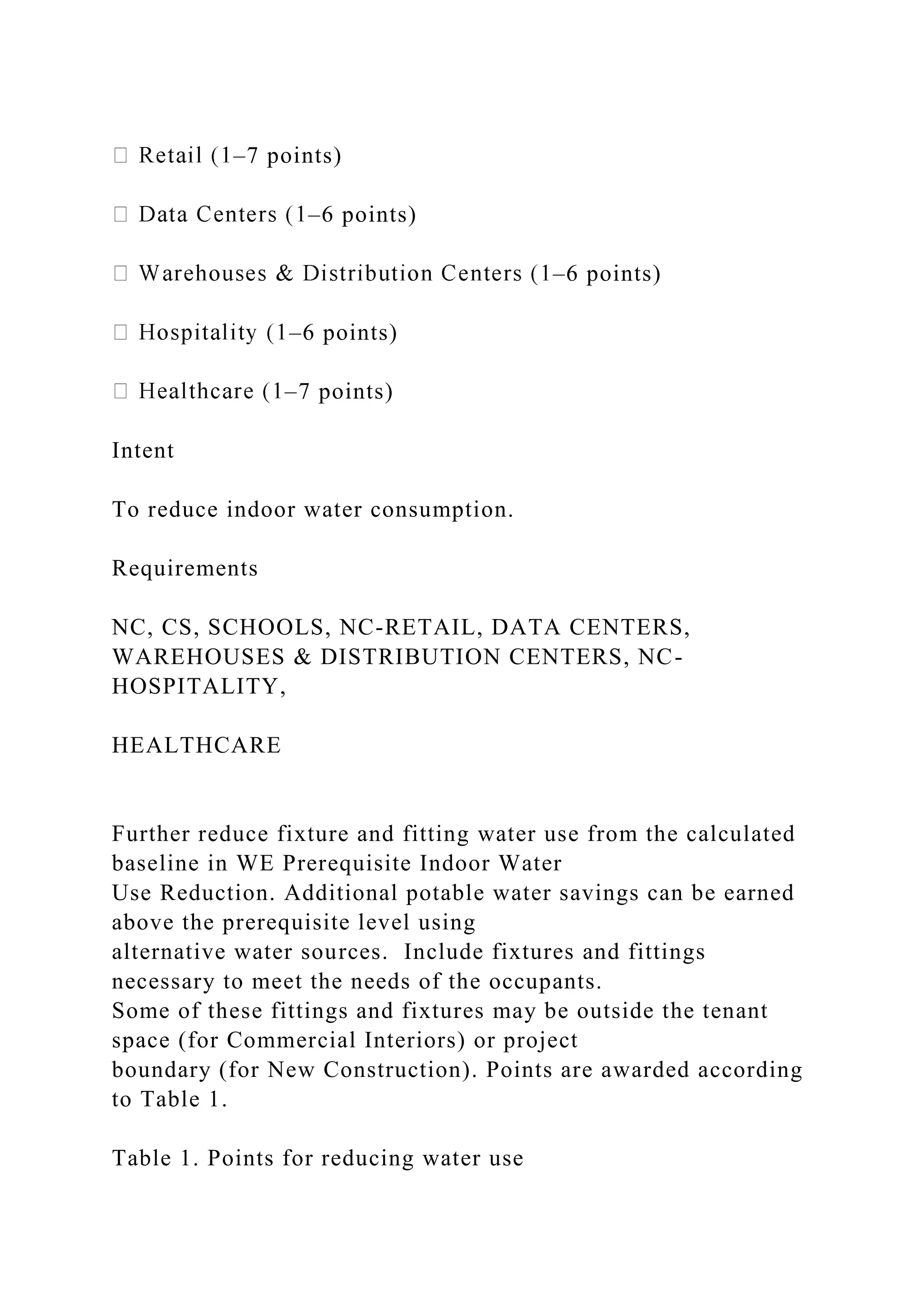 –7 points)
–6 points)
–6 points)
–6 points)
–7 points)
Intent
To reduce indoor water consumption.
Requirements
NC, CS, SCHOOLS, NC-RETAIL, DATA CENTERS,
WAREHOUSES & DISTRIBUTION CENTERS, NC-
HOSPITALITY,
HEALTHCARE
Further reduce fixture and fitting water use from the calculated
baseline in WE Prerequisite Indoor Water
Use Reduction. Additional potable water savings can be earned
above the prerequisite level using
alternative water sources. Include fixtures and fittings
necessary to meet the needs of the occupants.
Some of these fittings and fixtures may be outside the tenant
space (for Commercial Interiors) or project
boundary (for New Construction). Points are awarded according
to Table 1.
Table 1. Points for reducing water use
 