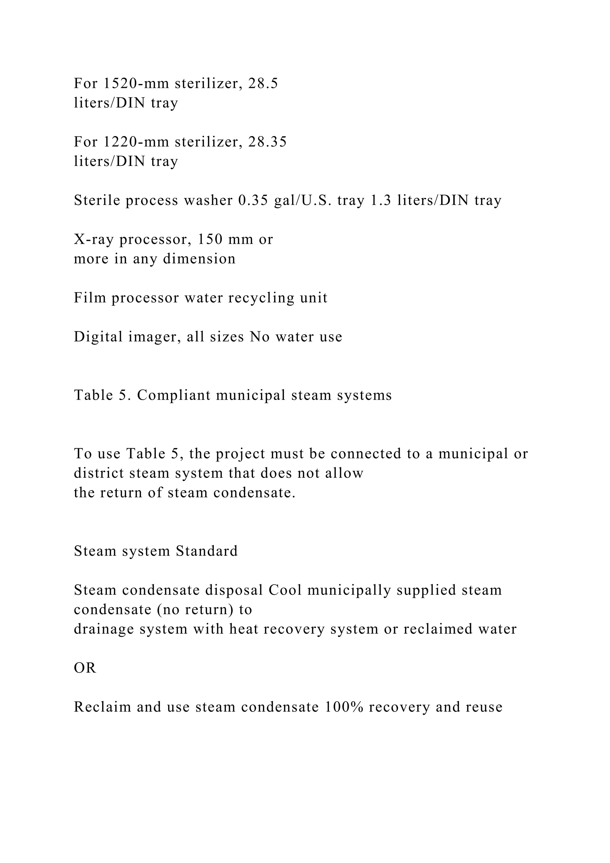 For 1520-mm sterilizer, 28.5
liters/DIN tray
For 1220-mm sterilizer, 28.35
liters/DIN tray
Sterile process washer 0.35 gal/U.S. tray 1.3 liters/DIN tray
X-ray processor, 150 mm or
more in any dimension
Film processor water recycling unit
Digital imager, all sizes No water use
Table 5. Compliant municipal steam systems
To use Table 5, the project must be connected to a municipal or
district steam system that does not allow
the return of steam condensate.
Steam system Standard
Steam condensate disposal Cool municipally supplied steam
condensate (no return) to
drainage system with heat recovery system or reclaimed water
OR
Reclaim and use steam condensate 100% recovery and reuse
 
