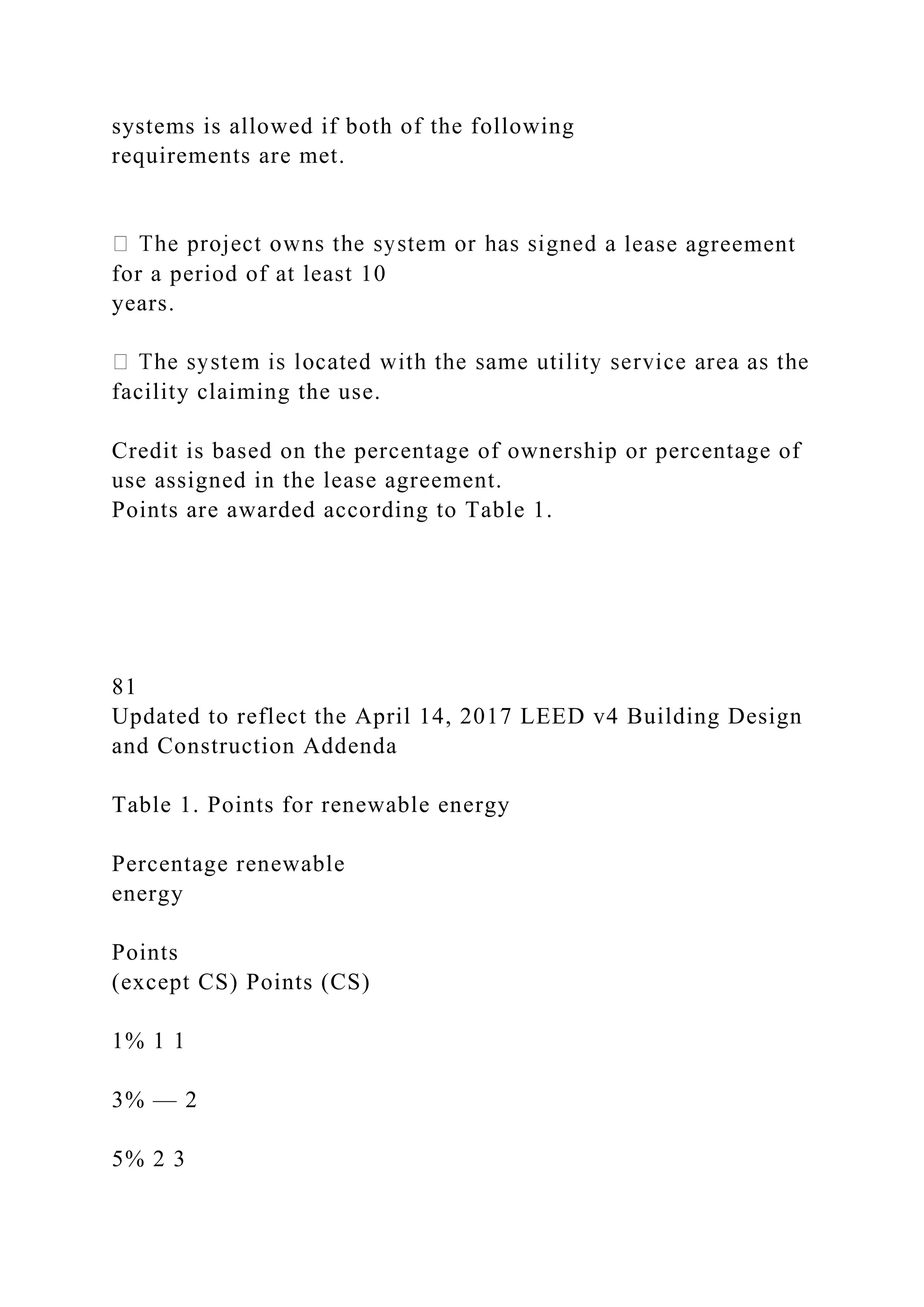 systems is allowed if both of the following
requirements are met.
lease agreement
for a period of at least 10
years.
facility claiming the use.
Credit is based on the percentage of ownership or percentage of
use assigned in the lease agreement.
Points are awarded according to Table 1.
81
Updated to reflect the April 14, 2017 LEED v4 Building Design
and Construction Addenda
Table 1. Points for renewable energy
Percentage renewable
energy
Points
(except CS) Points (CS)
1% 1 1
3% — 2
5% 2 3
 