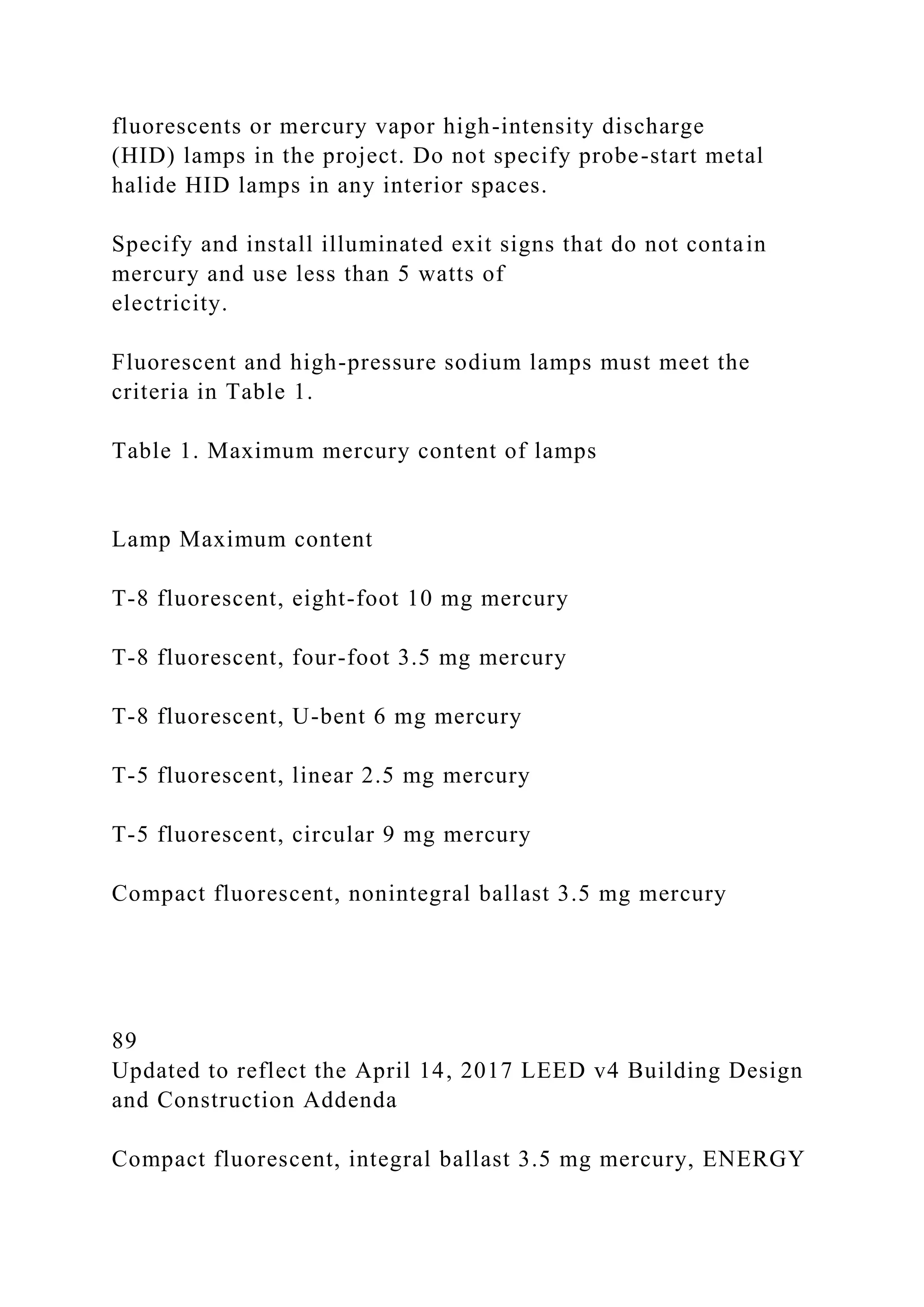 fluorescents or mercury vapor high-intensity discharge
(HID) lamps in the project. Do not specify probe-start metal
halide HID lamps in any interior spaces.
Specify and install illuminated exit signs that do not contain
mercury and use less than 5 watts of
electricity.
Fluorescent and high-pressure sodium lamps must meet the
criteria in Table 1.
Table 1. Maximum mercury content of lamps
Lamp Maximum content
T-8 fluorescent, eight-foot 10 mg mercury
T-8 fluorescent, four-foot 3.5 mg mercury
T-8 fluorescent, U-bent 6 mg mercury
T-5 fluorescent, linear 2.5 mg mercury
T-5 fluorescent, circular 9 mg mercury
Compact fluorescent, nonintegral ballast 3.5 mg mercury
89
Updated to reflect the April 14, 2017 LEED v4 Building Design
and Construction Addenda
Compact fluorescent, integral ballast 3.5 mg mercury, ENERGY
 