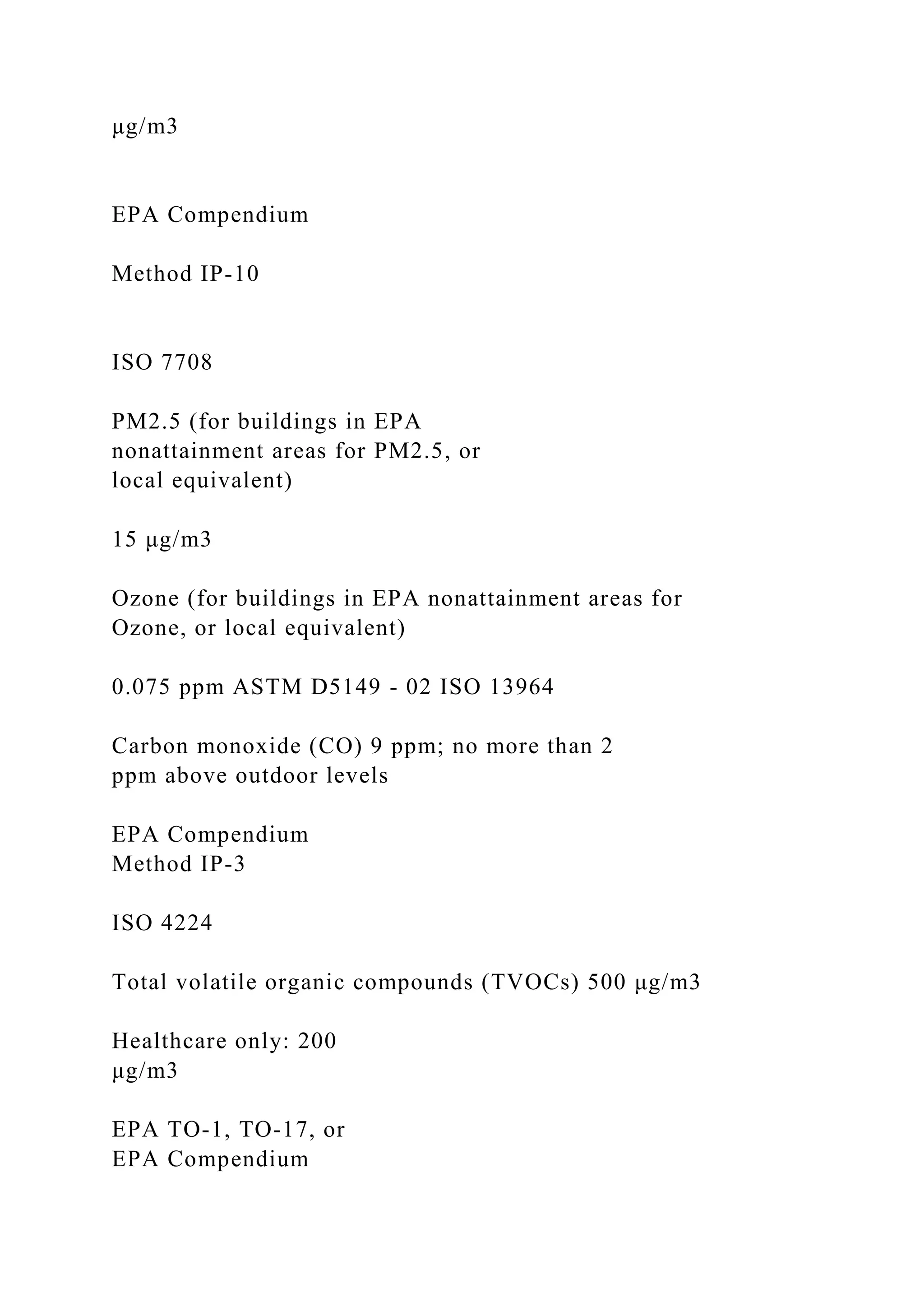 μg/m3
EPA Compendium
Method IP-10
ISO 7708
PM2.5 (for buildings in EPA
nonattainment areas for PM2.5, or
local equivalent)
15 μg/m3
Ozone (for buildings in EPA nonattainment areas for
Ozone, or local equivalent)
0.075 ppm ASTM D5149 - 02 ISO 13964
Carbon monoxide (CO) 9 ppm; no more than 2
ppm above outdoor levels
EPA Compendium
Method IP-3
ISO 4224
Total volatile organic compounds (TVOCs) 500 μg/m3
Healthcare only: 200
μg/m3
EPA TO-1, TO-17, or
EPA Compendium
 