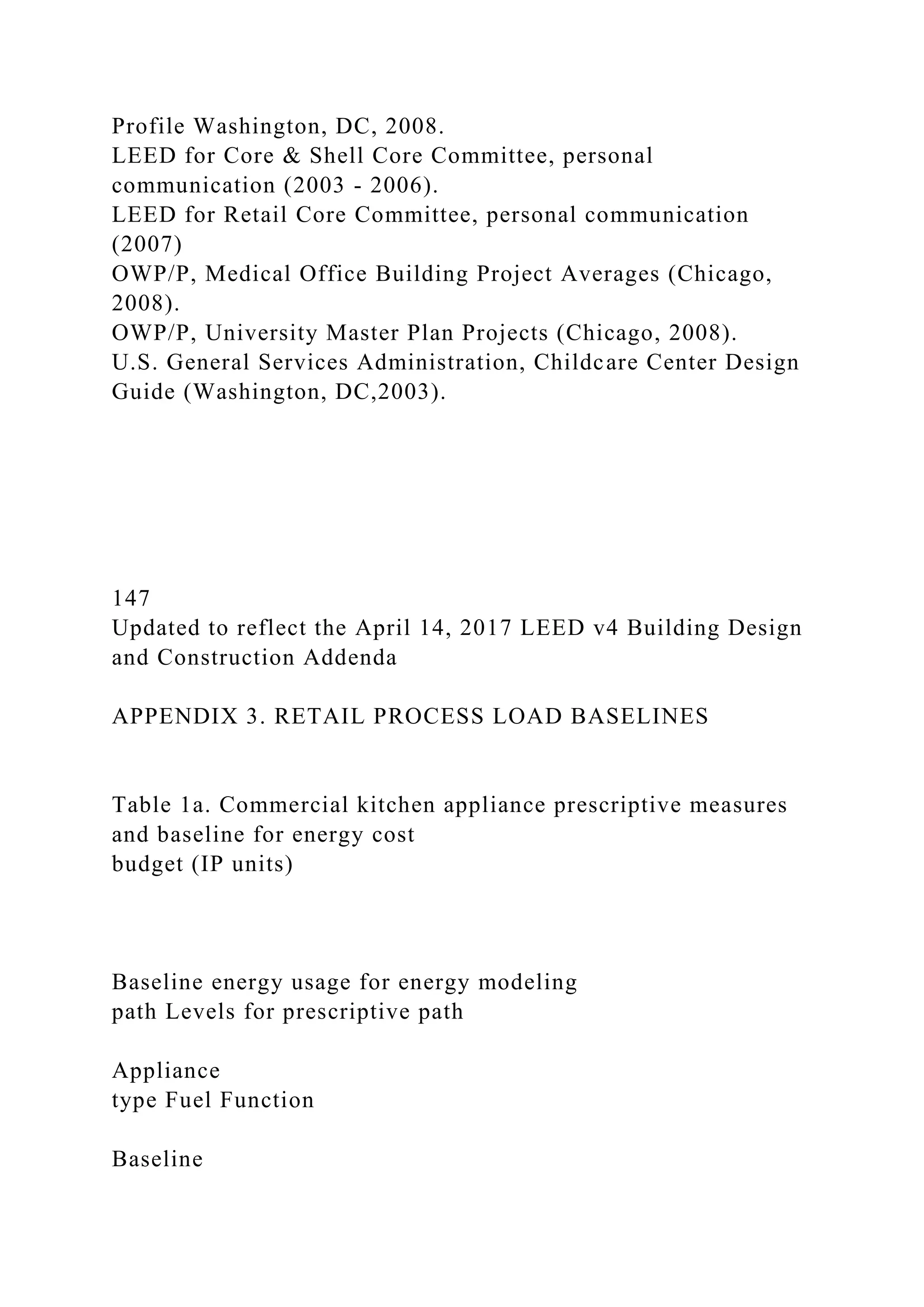Profile Washington, DC, 2008.
LEED for Core & Shell Core Committee, personal
communication (2003 - 2006).
LEED for Retail Core Committee, personal communication
(2007)
OWP/P, Medical Office Building Project Averages (Chicago,
2008).
OWP/P, University Master Plan Projects (Chicago, 2008).
U.S. General Services Administration, Childcare Center Design
Guide (Washington, DC,2003).
147
Updated to reflect the April 14, 2017 LEED v4 Building Design
and Construction Addenda
APPENDIX 3. RETAIL PROCESS LOAD BASELINES
Table 1a. Commercial kitchen appliance prescriptive measures
and baseline for energy cost
budget (IP units)
Baseline energy usage for energy modeling
path Levels for prescriptive path
Appliance
type Fuel Function
Baseline
 