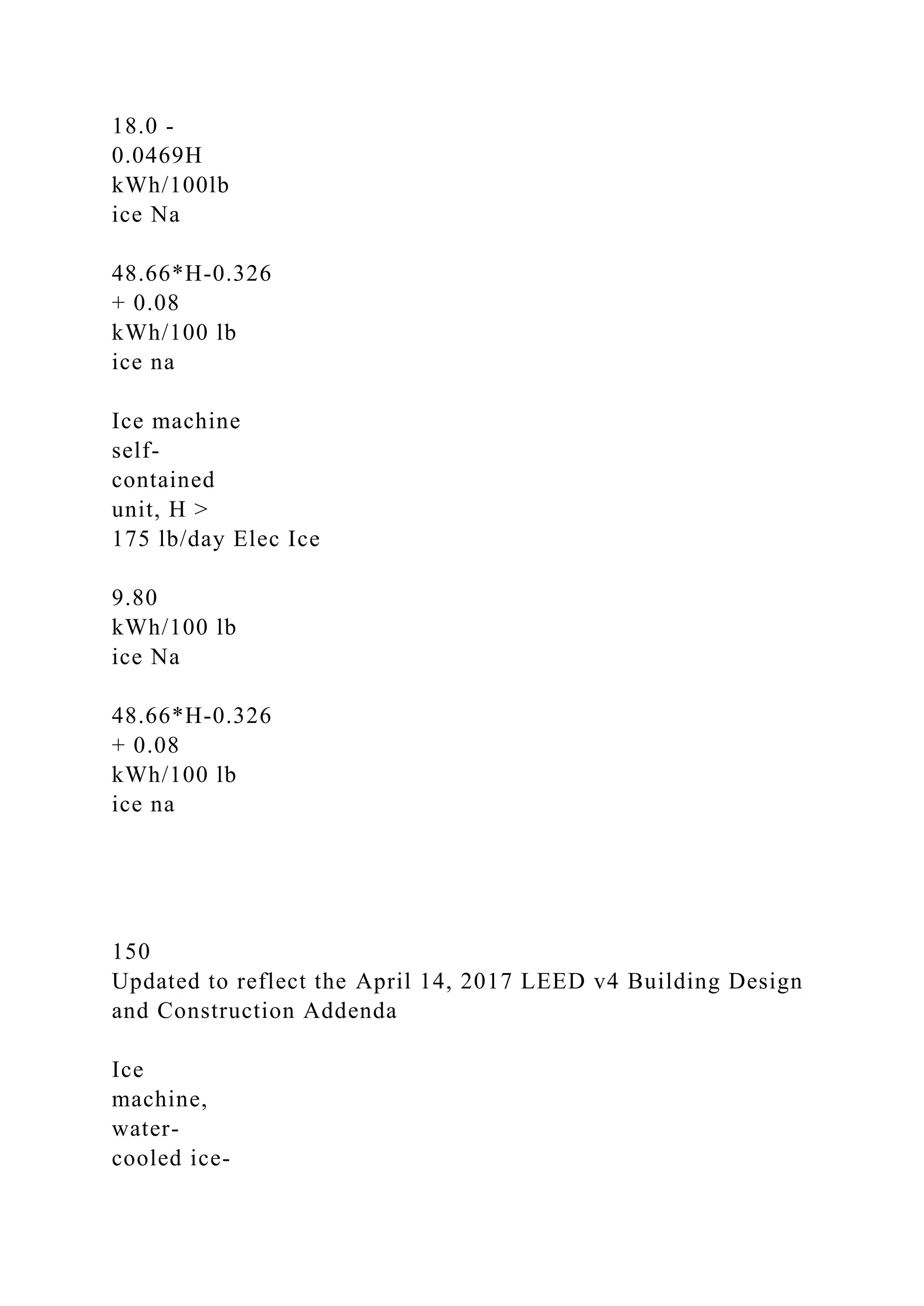 18.0 -
0.0469H
kWh/100lb
ice Na
48.66*H-0.326
+ 0.08
kWh/100 lb
ice na
Ice machine
self-
contained
unit, H >
175 lb/day Elec Ice
9.80
kWh/100 lb
ice Na
48.66*H-0.326
+ 0.08
kWh/100 lb
ice na
150
Updated to reflect the April 14, 2017 LEED v4 Building Design
and Construction Addenda
Ice
machine,
water-
cooled ice-
 