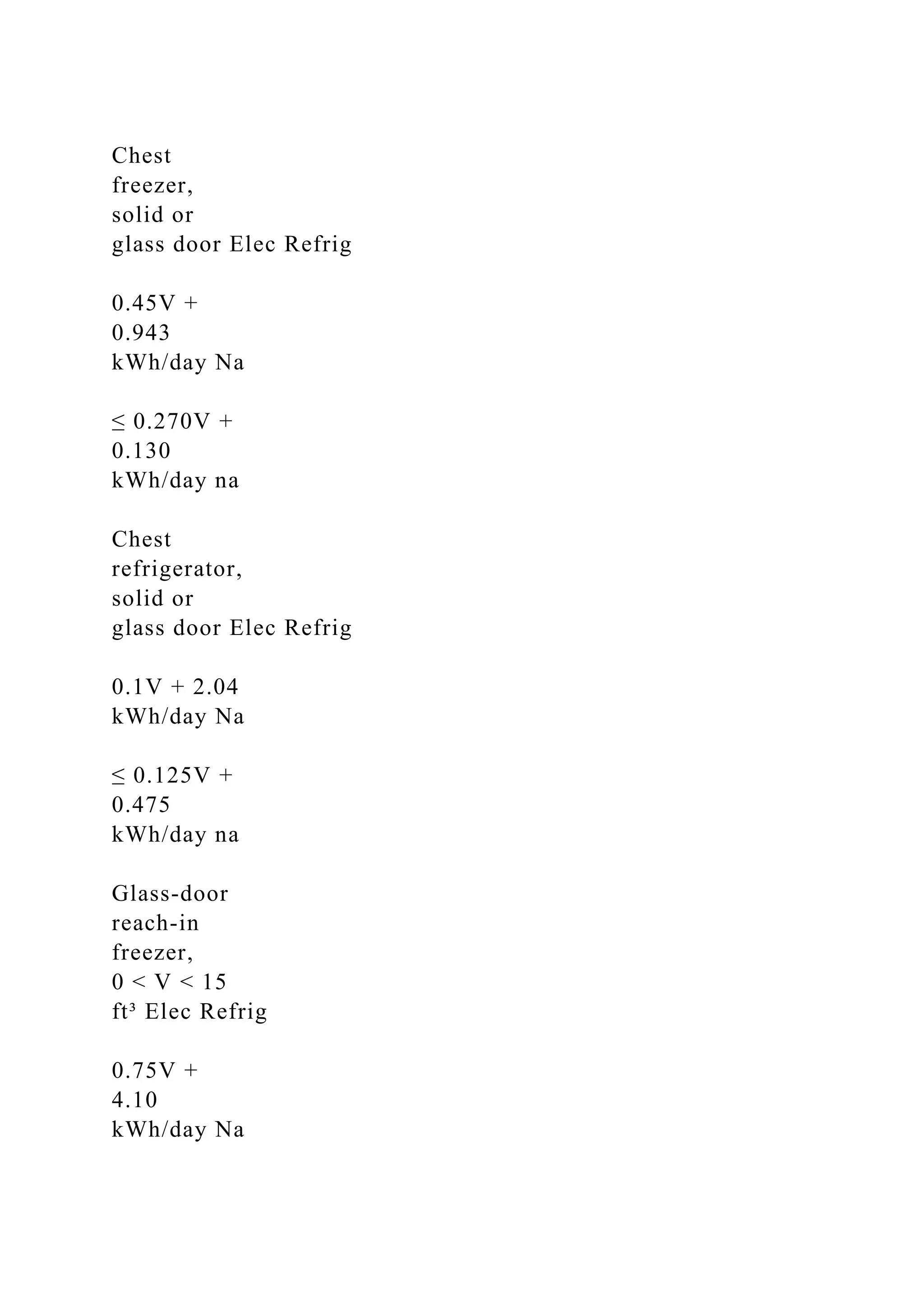 Chest
freezer,
solid or
glass door Elec Refrig
0.45V +
0.943
kWh/day Na
≤ 0.270V +
0.130
kWh/day na
Chest
refrigerator,
solid or
glass door Elec Refrig
0.1V + 2.04
kWh/day Na
≤ 0.125V +
0.475
kWh/day na
Glass-door
reach-in
freezer,
0 < V < 15
ft³ Elec Refrig
0.75V +
4.10
kWh/day Na
 
