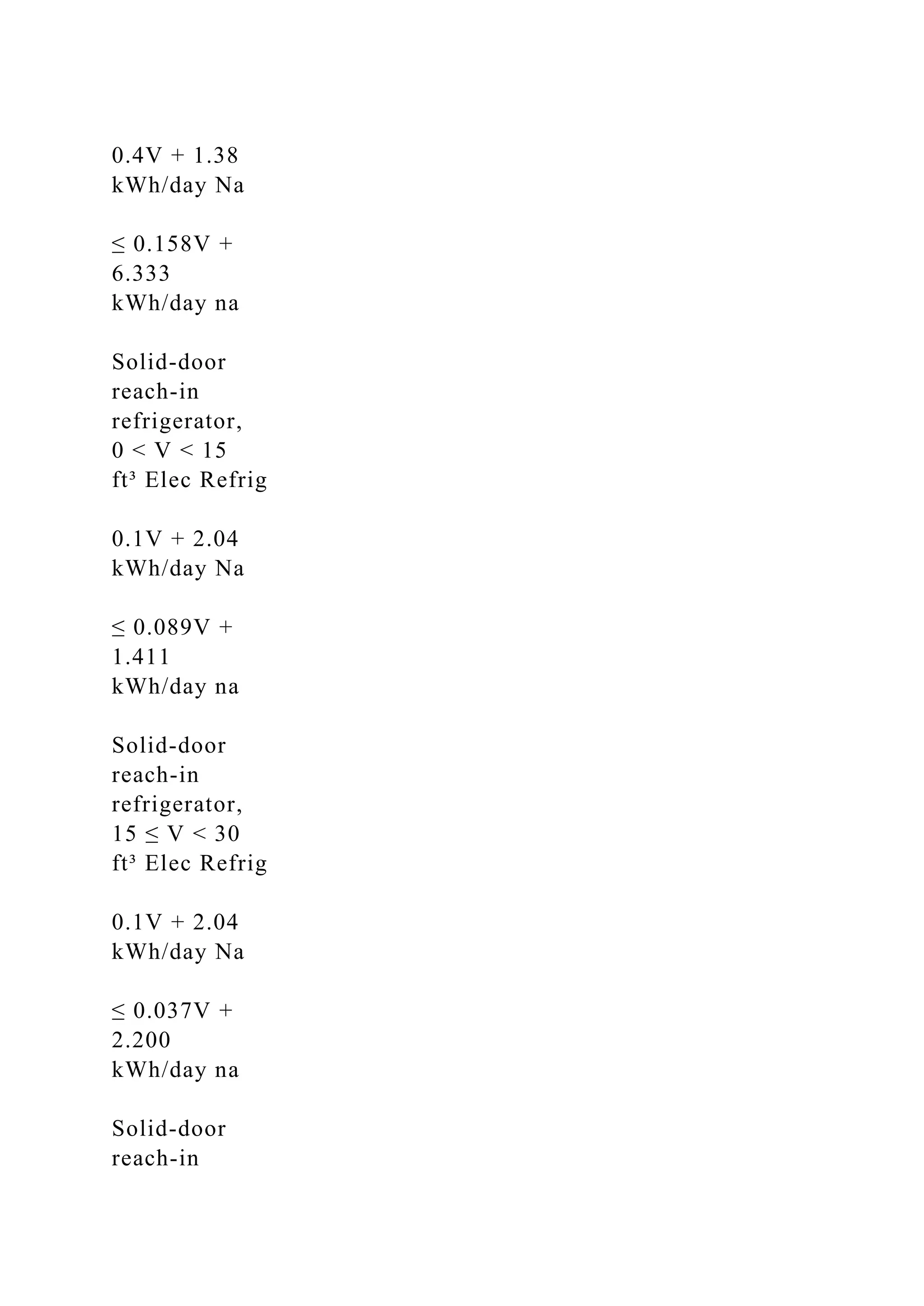 0.4V + 1.38
kWh/day Na
≤ 0.158V +
6.333
kWh/day na
Solid-door
reach-in
refrigerator,
0 < V < 15
ft³ Elec Refrig
0.1V + 2.04
kWh/day Na
≤ 0.089V +
1.411
kWh/day na
Solid-door
reach-in
refrigerator,
15 ≤ V < 30
ft³ Elec Refrig
0.1V + 2.04
kWh/day Na
≤ 0.037V +
2.200
kWh/day na
Solid-door
reach-in
 