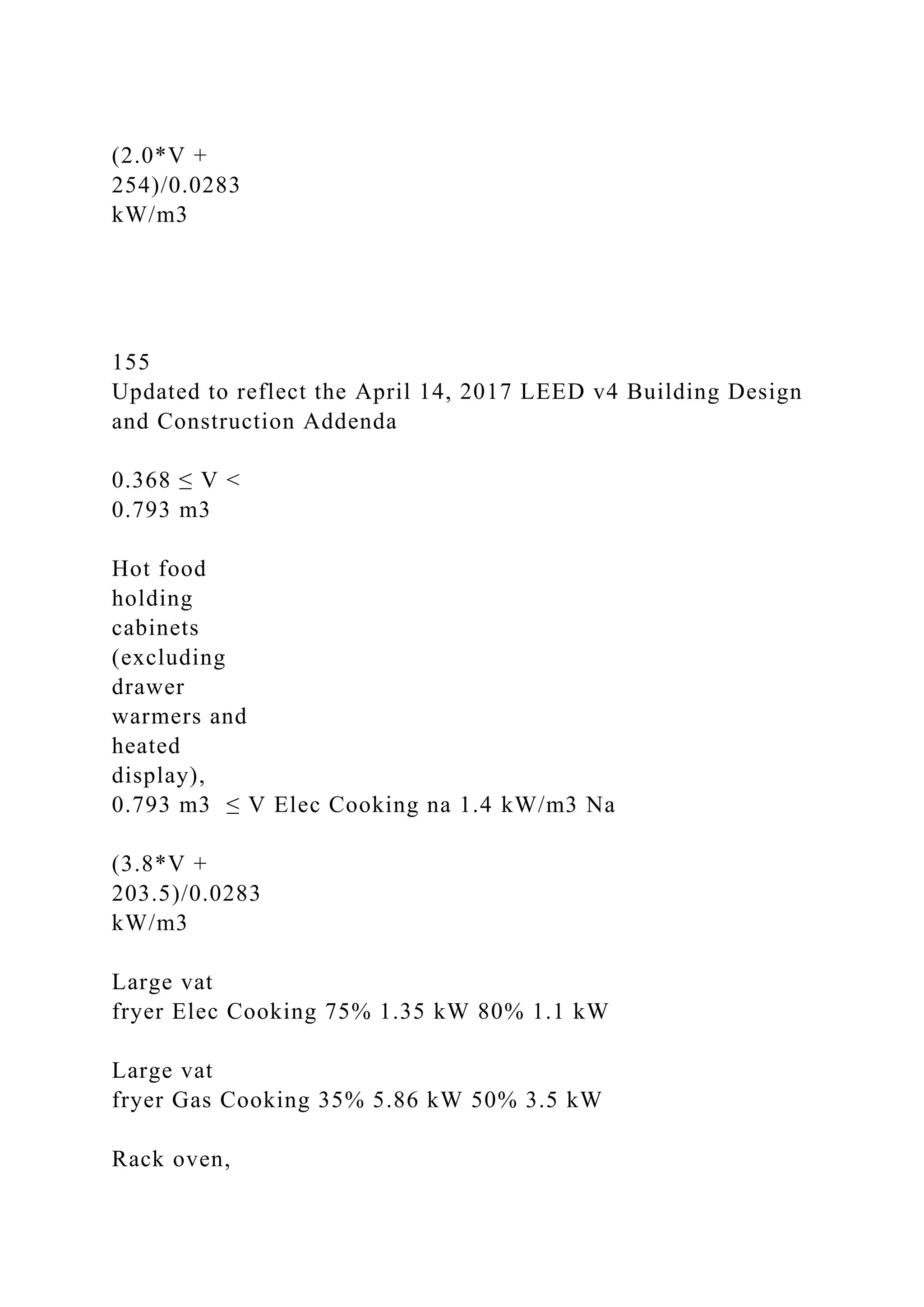 (2.0*V +
254)/0.0283
kW/m3
155
Updated to reflect the April 14, 2017 LEED v4 Building Design
and Construction Addenda
0.368 ≤ V <
0.793 m3
Hot food
holding
cabinets
(excluding
drawer
warmers and
heated
display),
0.793 m3 ≤ V Elec Cooking na 1.4 kW/m3 Na
(3.8*V +
203.5)/0.0283
kW/m3
Large vat
fryer Elec Cooking 75% 1.35 kW 80% 1.1 kW
Large vat
fryer Gas Cooking 35% 5.86 kW 50% 3.5 kW
Rack oven,
 