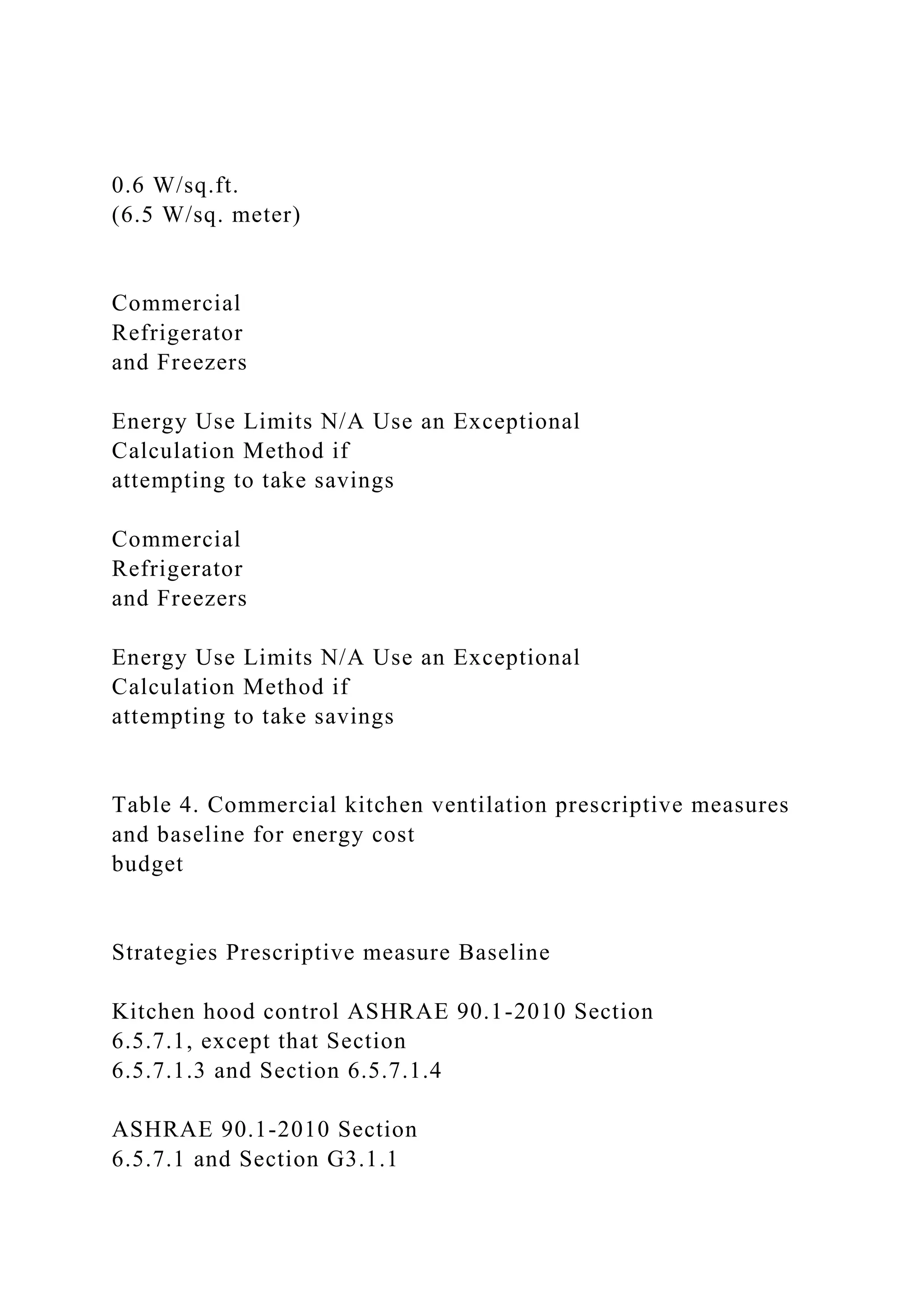 0.6 W/sq.ft.
(6.5 W/sq. meter)
Commercial
Refrigerator
and Freezers
Energy Use Limits N/A Use an Exceptional
Calculation Method if
attempting to take savings
Commercial
Refrigerator
and Freezers
Energy Use Limits N/A Use an Exceptional
Calculation Method if
attempting to take savings
Table 4. Commercial kitchen ventilation prescriptive measures
and baseline for energy cost
budget
Strategies Prescriptive measure Baseline
Kitchen hood control ASHRAE 90.1-2010 Section
6.5.7.1, except that Section
6.5.7.1.3 and Section 6.5.7.1.4
ASHRAE 90.1-2010 Section
6.5.7.1 and Section G3.1.1
 