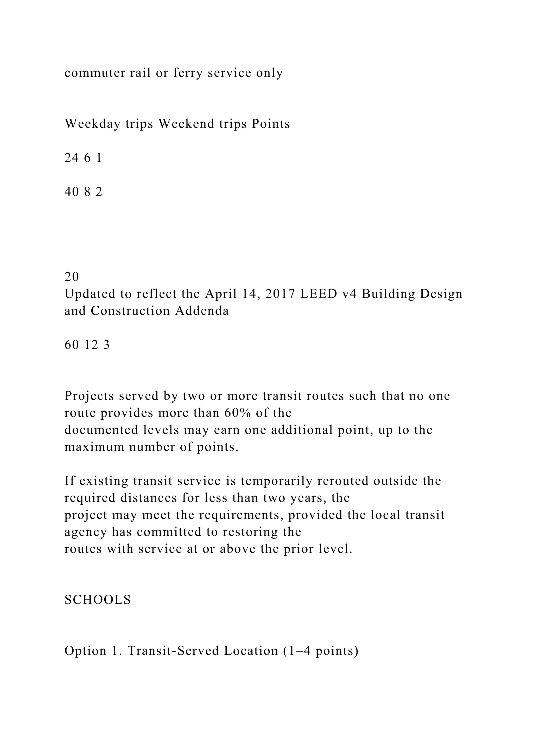 commuter rail or ferry service only
Weekday trips Weekend trips Points
24 6 1
40 8 2
20
Updated to reflect the April 14, 2017 LEED v4 Building Design
and Construction Addenda
60 12 3
Projects served by two or more transit routes such that no one
route provides more than 60% of the
documented levels may earn one additional point, up to the
maximum number of points.
If existing transit service is temporarily rerouted outside the
required distances for less than two years, the
project may meet the requirements, provided the local transit
agency has committed to restoring the
routes with service at or above the prior level.
SCHOOLS
Option 1. Transit-Served Location (1–4 points)
 