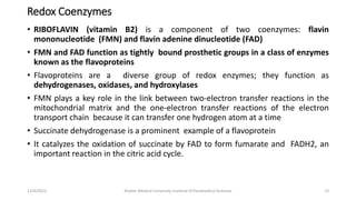 Redox Coenzymes
• RIBOFLAVIN (vitamin B2) is a component of two coenzymes: flavin
mononucleotide (FMN) and flavin adenine ...