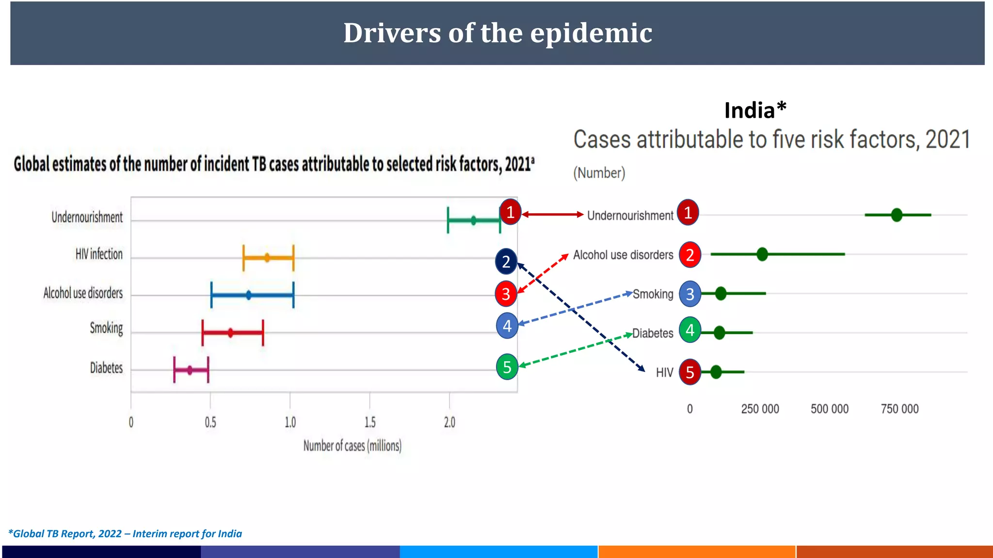 Drivers of the epidemic
India*
1
2
3
2
5 5
4
3
4
1
*Global TB Report, 2022 – Interim report for India
 