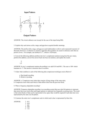 ANSWER: The circuit subtracts one (except for the case of the input being 000).
5. Explain why such terms as kilo, mega, and giga have acquired double meanings.
ANSWER: The prefixes kilo, mega, and giga are used traditionally to refer to units measured in powers of
thousand. However, in reference to memory capacities these prefixes are useed to reference units that are
powers of two. For example, one kilobyte is 210
, which is 1024 bytes.
6. Convert the following addition problem into two’s complement notation (using four bits per value),
perform the addition, convert the answer back into base ten notation, and explain the results.
6
+ 3
ANSWER: In two’s complement notation the problem is to add 0110 and 0011. The sum is 1001 which
translates to -7. This answer is incorrect due to overflow.
7. Under what condition is each of the following data compression techniques most effective?
a. Run-length encoding
b. Relative encoding
ANSWER: a. Compresses most when data consists of long strings of the same entry.
b. Compresses most when each block of data differs little from the previous block.
8. What is frequency-dependent encoding?
ANSWER: Frequency-dependent encoding is an encoding system that uses short bit patterns to represent
data items that occur most often and longer patterns to represent less frequently occurring items. The result
is that entire blocks of data can be represented in less space than would be required if each data item were
represented by the same size bit pattern.
9. Construct the entire two’s complement scale in which each value is represented by three bits.
ANSWER: 3 011
2 010
1 001
0 000
-1 111
 