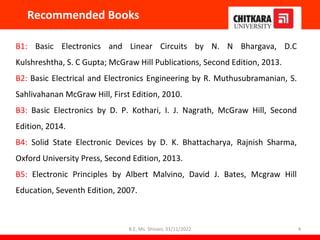 Recommended Books
B1: Basic Electronics and Linear Circuits by N. N Bhargava, D.C
Kulshreshtha, S. C Gupta; McGraw Hill Publications, Second Edition, 2013.
B2: Basic Electrical and Electronics Engineering by R. Muthusubramanian, S.
Sahlivahanan McGraw Hill, First Edition, 2010.
B3: Basic Electronics by D. P. Kothari, I. J. Nagrath, McGraw Hill, Second
Edition, 2014.
B4: Solid State Electronic Devices by D. K. Bhattacharya, Rajnish Sharma,
Oxford University Press, Second Edition, 2013.
B5: Electronic Principles by Albert Malvino, David J. Bates, Mcgraw Hill
Education, Seventh Edition, 2007.
B.E, Ms. Shivani, 31/11/2022 4
 