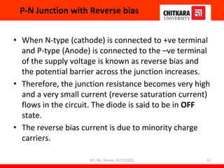 P-N Junction with Reverse bias
• When N-type (cathode) is connected to +ve terminal
and P-type (Anode) is connected to the –ve terminal
of the supply voltage is known as reverse bias and
the potential barrier across the junction increases.
• Therefore, the junction resistance becomes very high
and a very small current (reverse saturation current)
flows in the circuit. The diode is said to be in OFF
state.
• The reverse bias current is due to minority charge
carriers.
42
B.E, Ms. Shivani, 31/11/2022
 
