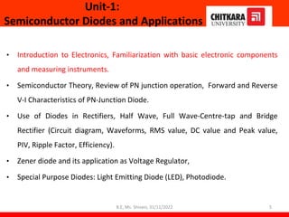 Unit-1:
Semiconductor Diodes and Applications
• Introduction to Electronics, Familiarization with basic electronic components
and measuring instruments.
• Semiconductor Theory, Review of PN junction operation, Forward and Reverse
V-I Characteristics of PN-Junction Diode.
• Use of Diodes in Rectifiers, Half Wave, Full Wave-Centre-tap and Bridge
Rectifier (Circuit diagram, Waveforms, RMS value, DC value and Peak value,
PIV, Ripple Factor, Efficiency).
• Zener diode and its application as Voltage Regulator,
• Special Purpose Diodes: Light Emitting Diode (LED), Photodiode.
5
B.E, Ms. Shivani, 31/11/2022
 