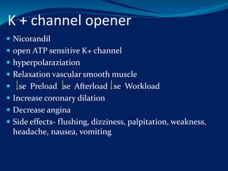 K + channel opener
 Nicorandil
 open ATP sensitive K+ channel
 hyperpolaraziation
 Relaxation vascular smooth muscle
 se Preload se Afterload se Workload
 Increase coronary dilation
 Decrease angina
 Side effects- flushing, dizziness, palpitation, weakness,
headache, nausea, vomiting
 