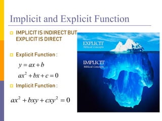 Implicit and Explicit Function
 IMPLICIT IS INDIRECT BUT
EXPLICIT IS DIRECT
 Explicit Function :
 Implicit Function :
2
0
y ax b
ax bx c
 
  
2 2
0
ax bxy cxy
  
 