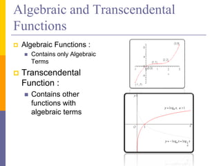 Algebraic and Transcendental
Functions
 Algebraic Functions :
 Contains only Algebraic
Terms
 Transcendental
Function :
 Contains other
functions with
algebraic terms
 