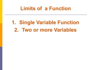 Limits of a Function
1. Single Variable Function
2. Two or more Variables
 