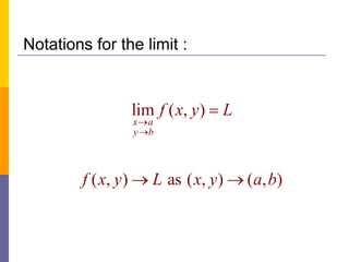 Notations for the limit :
lim ( , )
( , ) as ( , ) ( , )
x a
y b
f x y L
f x y L x y a b



 
 