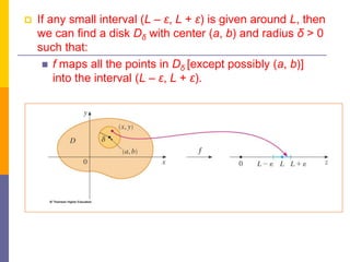  If any small interval (L – ε, L + ε) is given around L, then
we can find a disk Dδ with center (a, b) and radius δ > 0
such that:
 f maps all the points in Dδ [except possibly (a, b)]
into the interval (L – ε, L + ε).
 