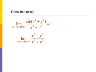 Does limit exist?
2 2
2 2
( , ) (0,0)
sin( )
lim 1
x y
x y
x y




2 2
2 2
( , ) (0,0)
lim
x y
x y
x y



 
