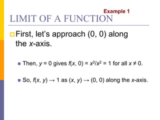 LIMIT OF A FUNCTION
First, let’s approach (0, 0) along
the x-axis.
 Then, y = 0 gives f(x, 0) = x2/x2 = 1 for all x ≠ 0.
 So, f(x, y) → 1 as (x, y) → (0, 0) along the x-axis.
Example 1
 