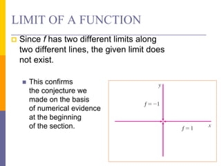 LIMIT OF A FUNCTION
 Since f has two different limits along
two different lines, the given limit does
not exist.
 This confirms
the conjecture we
made on the basis
of numerical evidence
at the beginning
of the section.
 
